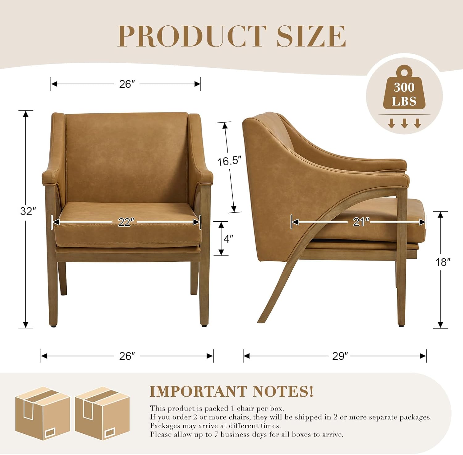 Mid Century Modern Accent Chairs Set of 2 with Barrel Back, Upholstered Armchair Comfy Reading Chairs with 4" Thick Cushion, Solid Wood Legs for Living Room/Bedroom/Reading Corner, PU Fabric, Brown