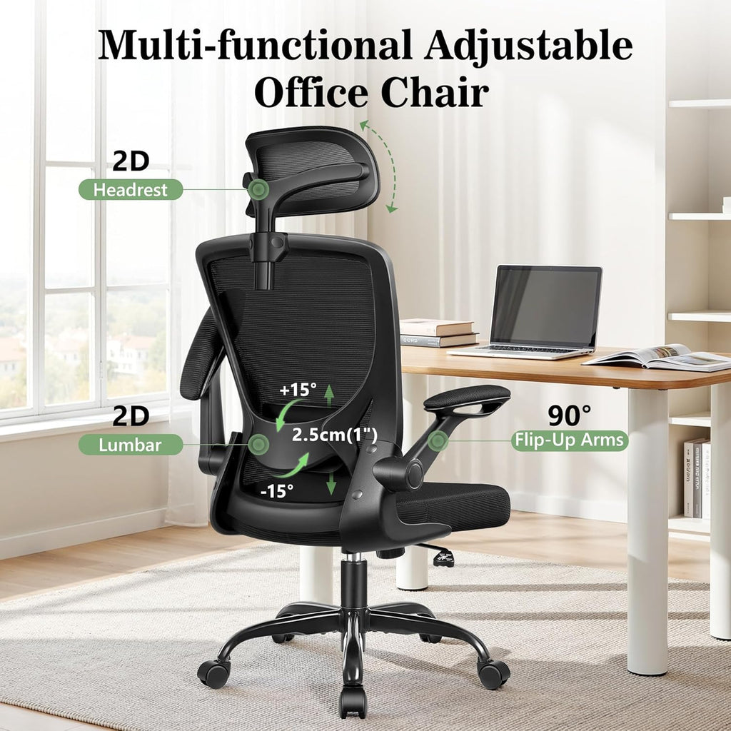 BESTFAIR Office Chair Ergonomic Desk Chair, Breathable Mesh Office Chairs with Adjustable Lumbar Support, Flip-Up Arms, Computer Desk Chair Comfy for Home Office, Black