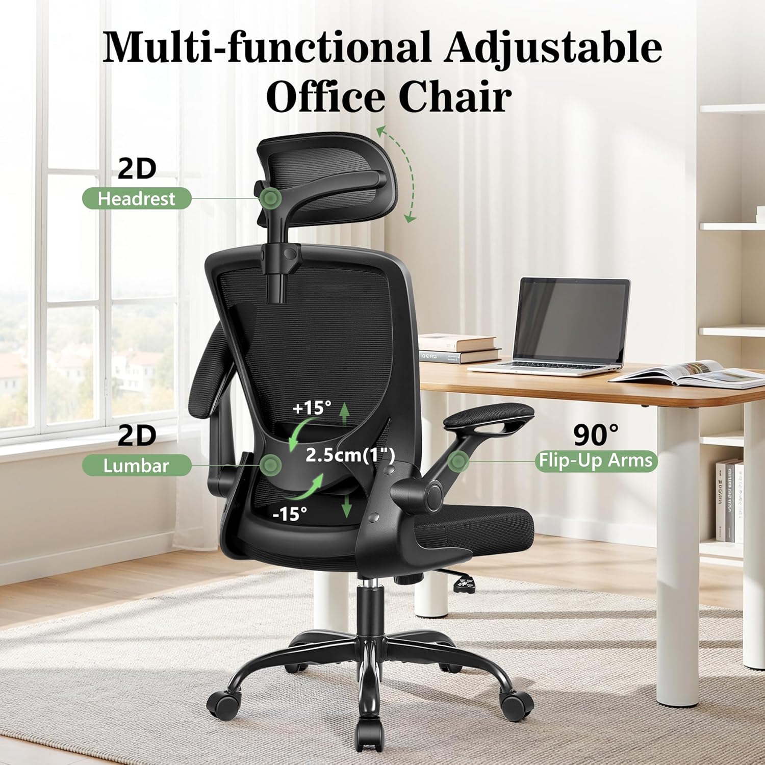 BESTFAIR Office Chair Ergonomic Desk Chair, Breathable Mesh Office Chairs with Adjustable Lumbar Support, Flip-Up Arms, Computer Desk Chair Comfy for Home Office, Black