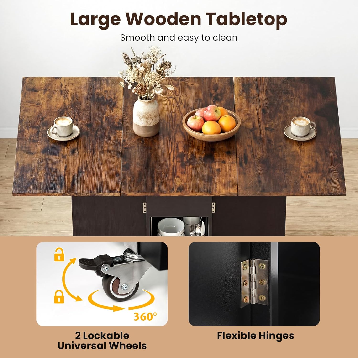 Giantex 47.5" Folding Dining Table for 2-4, Drop Leaf Wooden Dinner Table with 2-Tier Storage Shelf and Drawer, Lockable Wheels, Space Saving Kitchen Tables for Dinette, Small Space (Black+Brown)