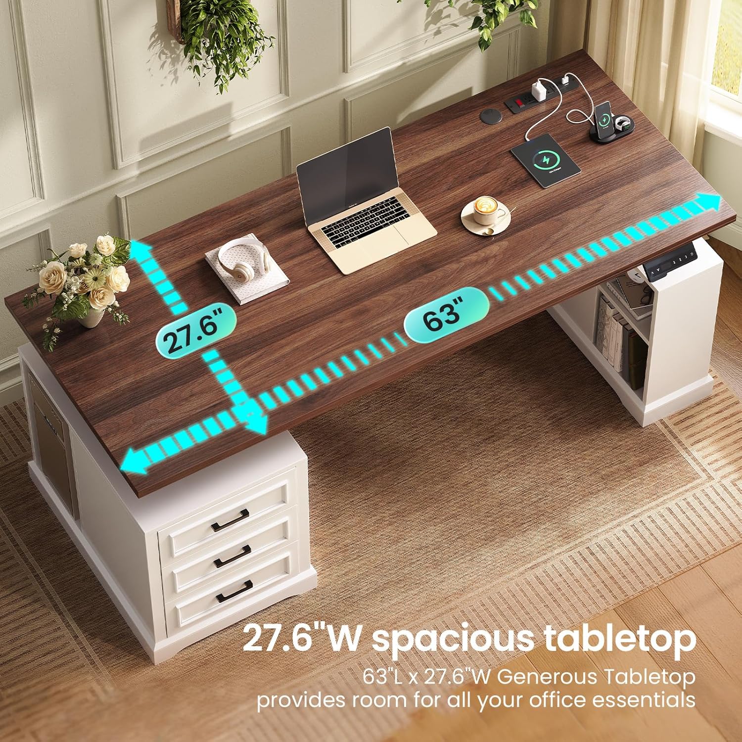 SEDETA Farmhouse Electric Standing Desk, 63" Height Adjustable Computer Desk with 3 Drawers, Storage Shelves, Power Outlets, Wood Home Office Stand up Desk for Work, Study, Writing, White