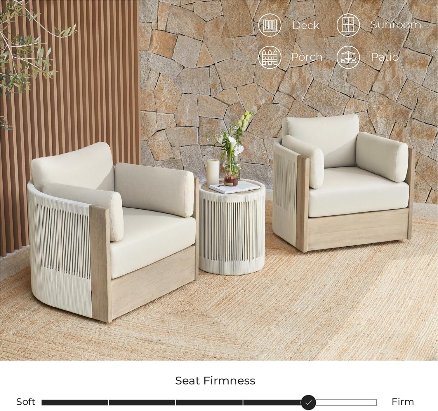 CHITA 3 Pieces Boho Patio Rattan Bistro Set, Outdoor Wicker Furniture Swivel Chairs & Side Table Set with 2 Arm Pillows, Acacia Wood Frame, Fully Assembled(Cream)