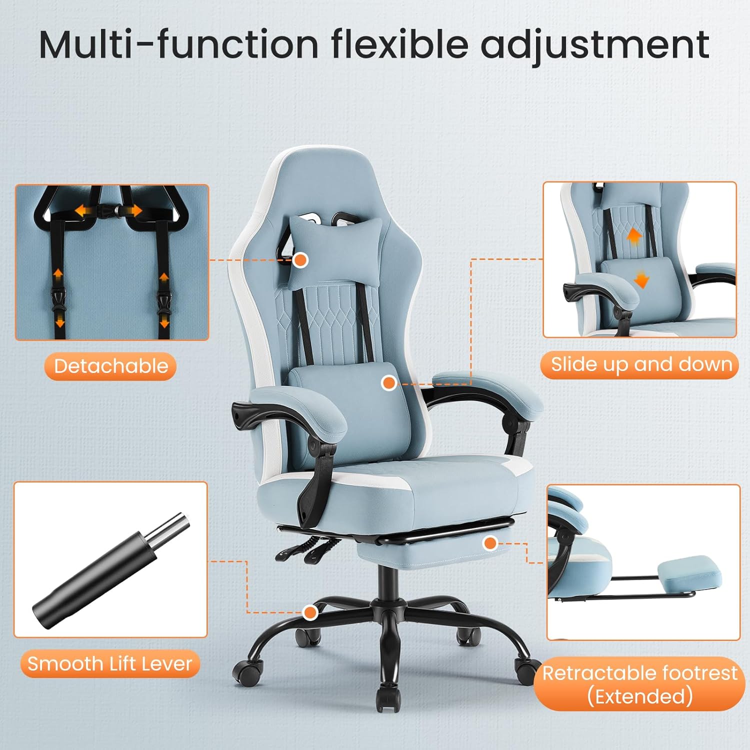 DUMOS Gaming Chair with Linkage Armrests, Video Game Chairs with Pocket Spring Cushion, Ergonomic Computer Silla Gamer Office Desk Chair with Footrest for Adults & Students, Blue