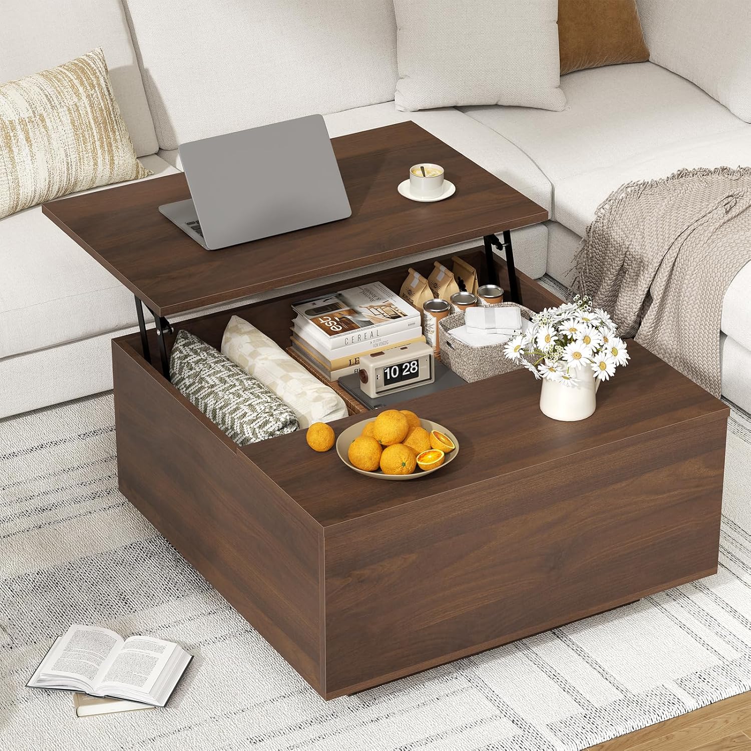FABATO Lift Top Coffee Table, Wood Square Coffee Table with Storage, Farmhouse Coffee Tables with Hidden Storage Compartment, Center Table with Lifting Tabletop for Living Room, Home Office, Walnut