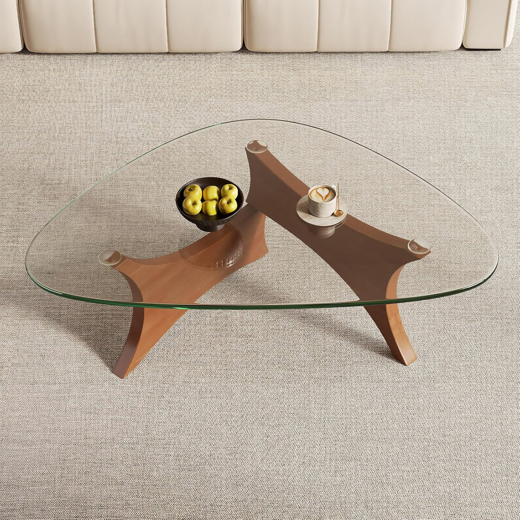 Glass Coffee Table Mid-Century Modern Coffee Table for Living Room Center Table Suitable for Bedroom Living Room Reception Office Tables（Walnut/Transparent，Medium）