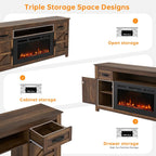 Fireplace TV Stand, 70" Farmhouse TV Stand with Barn Door for 80" TVs, Entertainment Center with Black Fireplace & Storage, Brown