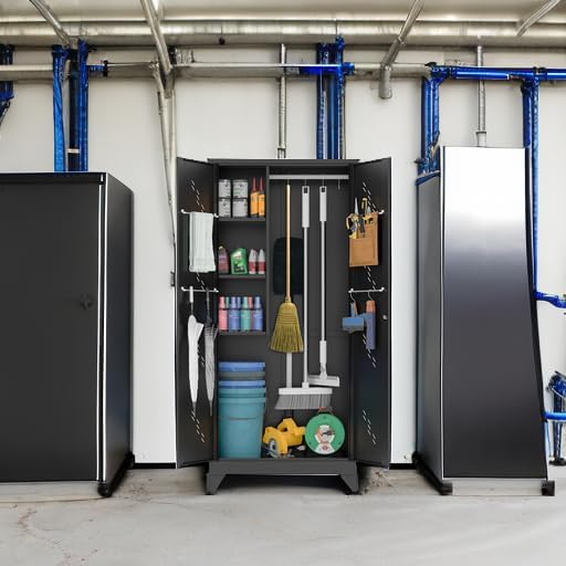 75" Metal Storage Cabinet with Lockable Doors, Functional Garage Storage Cabinets, Heavy-Duty Tool Organization Cabinet with Hanging Rod & S-Hooks (75" Utility Closet)