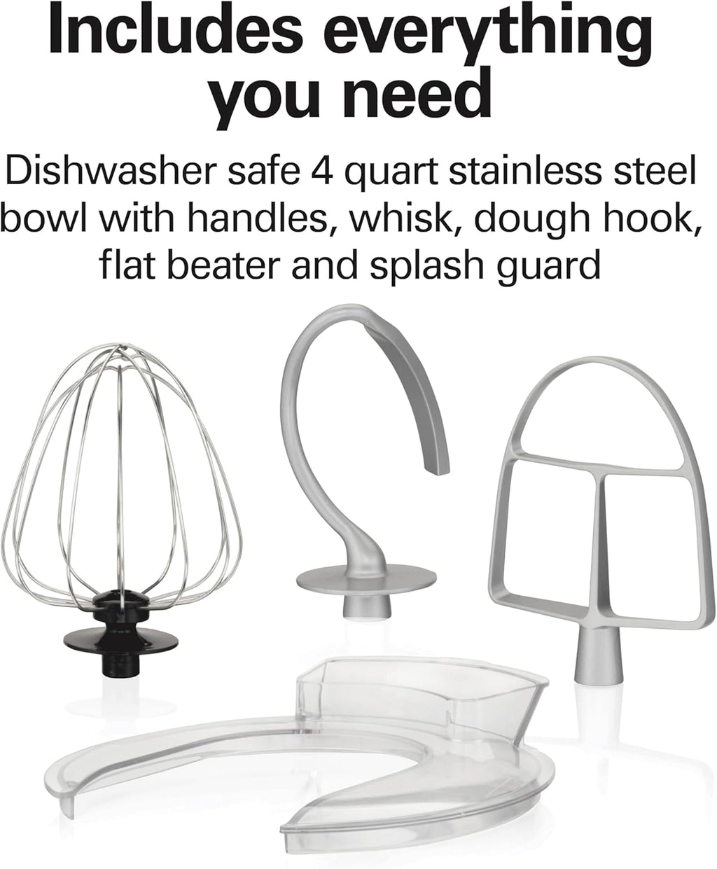 Hamilton Beach Electric Stand Mixer, 4 Quarts, Dough Hook, Flat Beater Attachments, Splash Guard 7 Speeds with Whisk, Easy-Carry Top Handle, Black