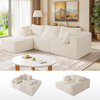 Modular Sectional Sofa, Cloud Couch with Extra-Wide Deep Seats, No-Assembly Plush Corduroy Sleeper Sofa for Living Room or Apartment (Light Cream, L-Shaped:3+1)