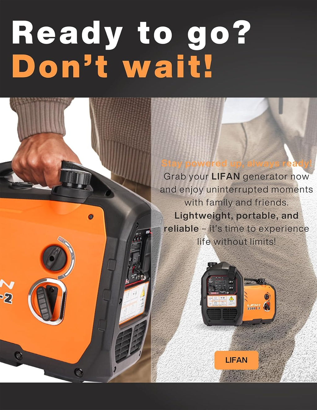 LIFAN 2300W Gasoline Inverter Generator - Portable  Quiet & Fuel-Efficient Power Solution for Home  Camping  RV & Emergency Use with Parallel Capability