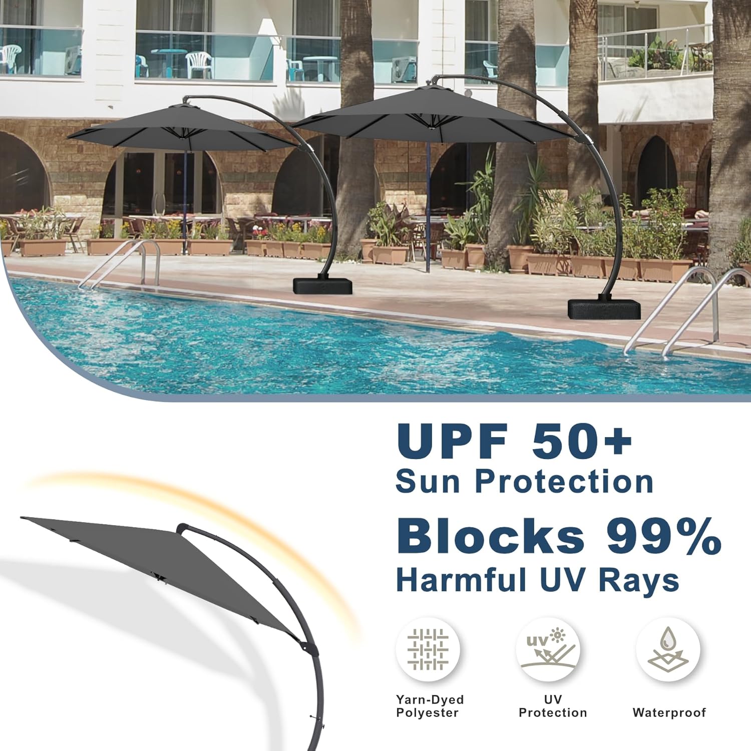 12FT Cantilever Umbrella with Base Large Curvy Outdoor Aluminum Offset Umbrella w/ 360° Rotation  UV Resistant Canopy for Patio  Garden  Backyard  Grey