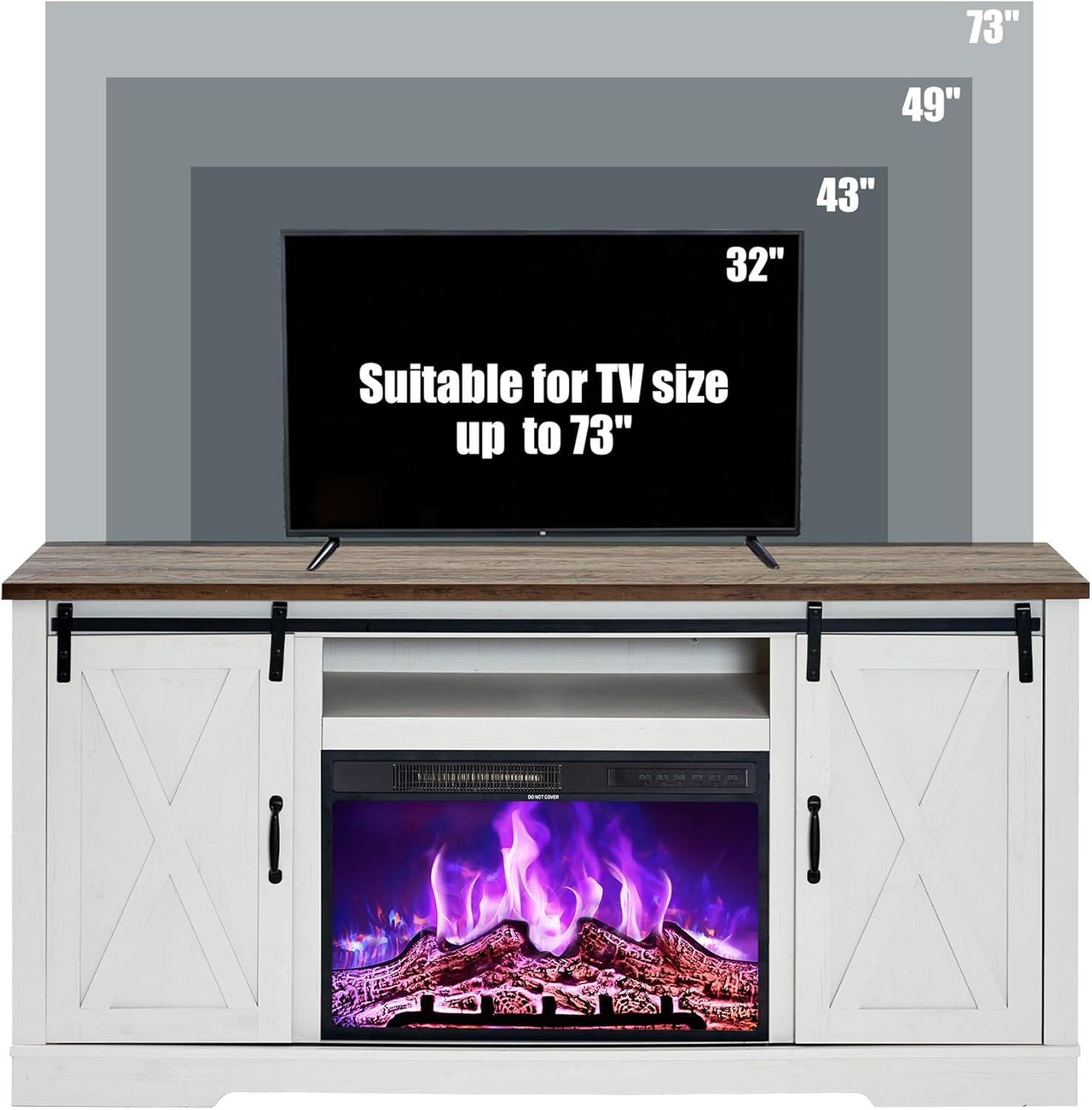 AMERLIFE Fireplace TV Stand with Sliding Barn Door for TVs up to 73", Farmhouse 63" Fireplace Entertainment Center with Storage Cabinets/Adjustable Shelves, Distressed White & Barnwood