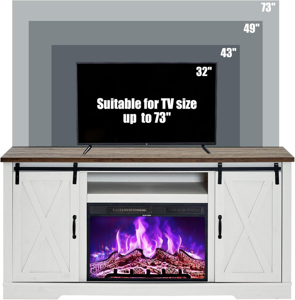 AMERLIFE Fireplace TV Stand with Sliding Barn Door for TVs up to 73", Farmhouse 63" Fireplace Entertainment Center with Storage Cabinets/Adjustable Shelves, Distressed White & Barnwood