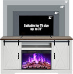 AMERLIFE Fireplace TV Stand with Sliding Barn Door for TVs up to 73", Farmhouse 63" Fireplace Entertainment Center with Storage Cabinets/Adjustable Shelves, Distressed White & Barnwood