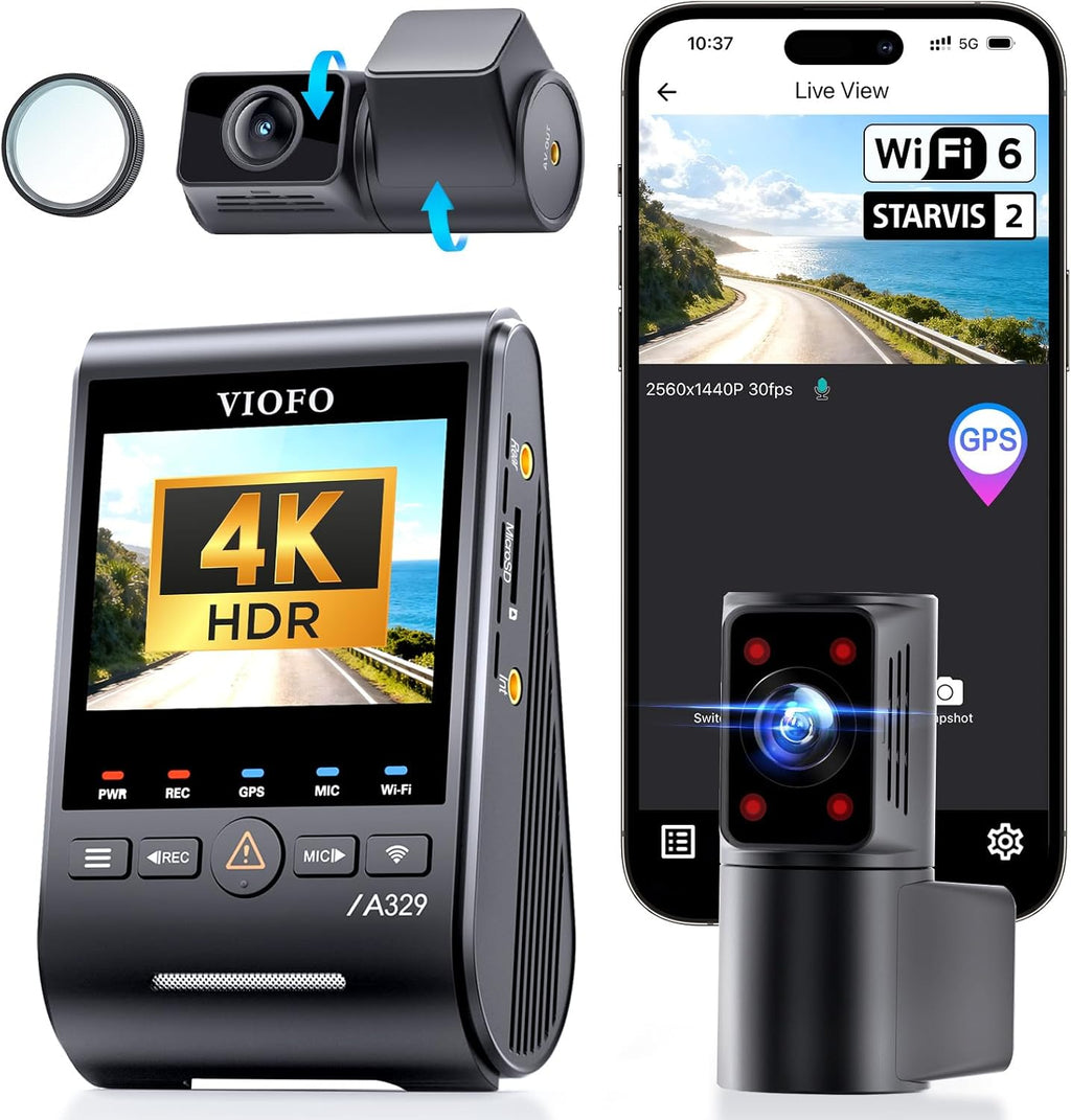 VIOFO A329S 4K 3 Channel Dash Cam  4K Front + 2K Cabin Fisheye (210°) + 2K Rear  Power Saving Parking Mode  Wi-Fi 6 App Control  All-Channel STARVIS 2 Sensors  Supports up to 4TB SSD Storage