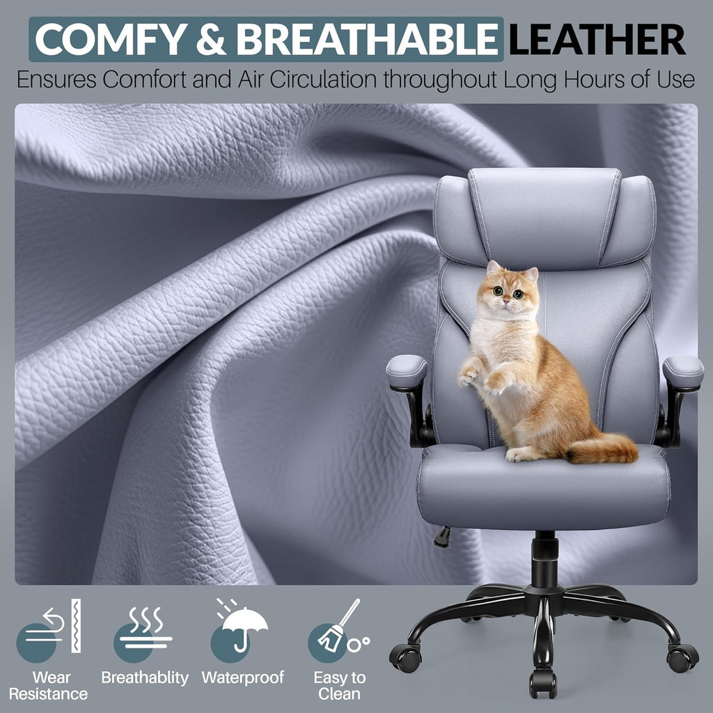 Office Chair, Leather Chair with Adjustable High Back Flip-up Armrests，Ergonomic Desk Chairs Big and Tall, Lumbar Support Swivel Computer Chair with Rocking Function