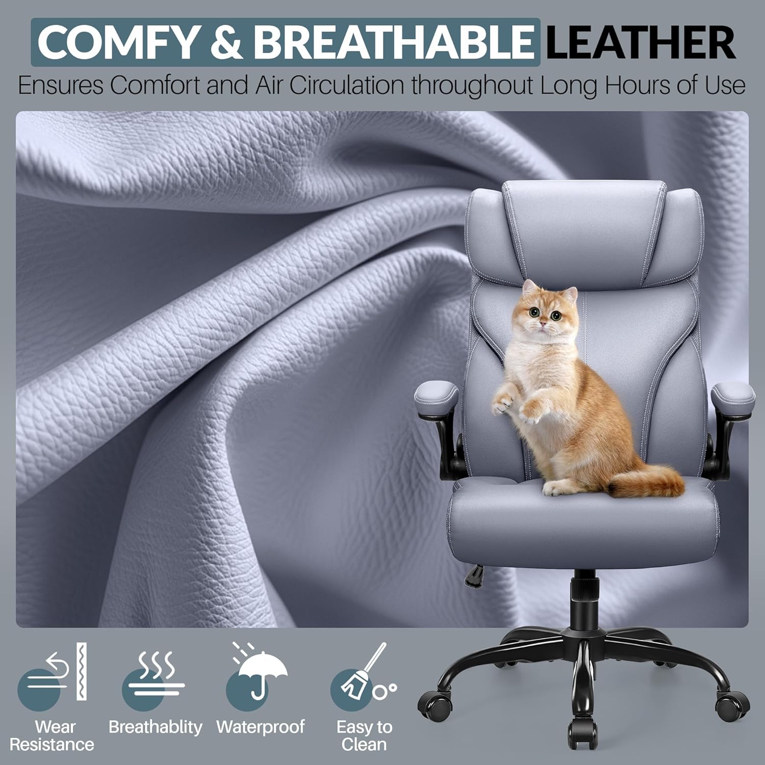 Office Chair, Leather Chair with Adjustable High Back Flip-up Armrests，Ergonomic Desk Chairs Big and Tall, Lumbar Support Swivel Computer Chair with Rocking Function