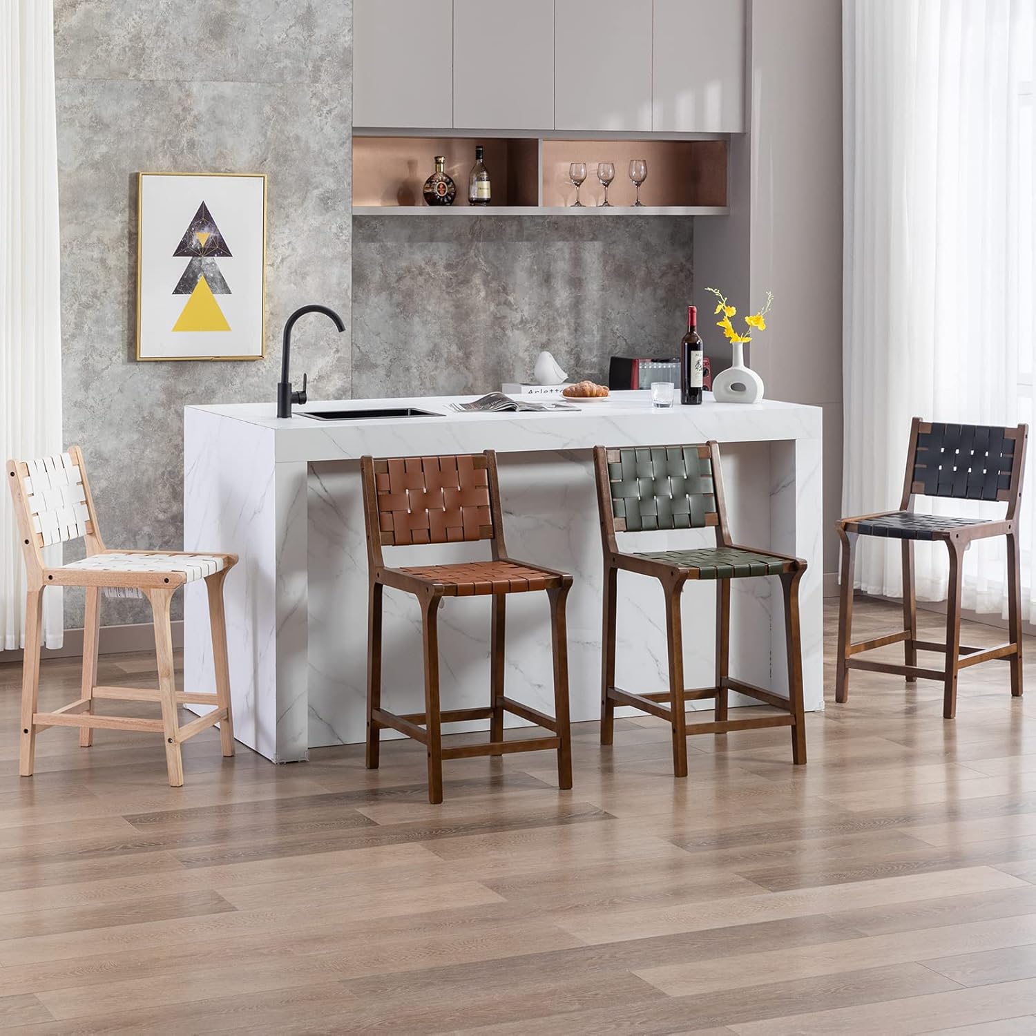 Counter Stools Set of 2 Modern 23.5" Counter Height Barstool with PU Leather Woven Strap Seat & Open Back Walnut Wood Color Chairs with Footrest for Home Bar/Dining Room/Kitchen Island, Black