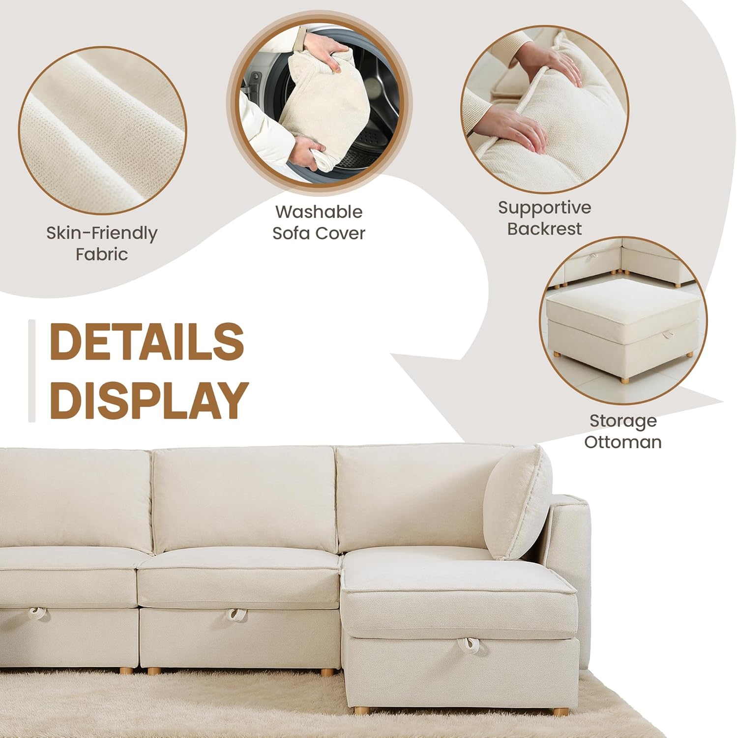 99" Chenille Modular Sectional Sofa Bed Hidden Storage, Convertible L U Shaped Sleeper Couch, 6 Seat Modern Modular Sectional Sofa with Washable Covers & Ottoman Chaise, for Living Room, Beige