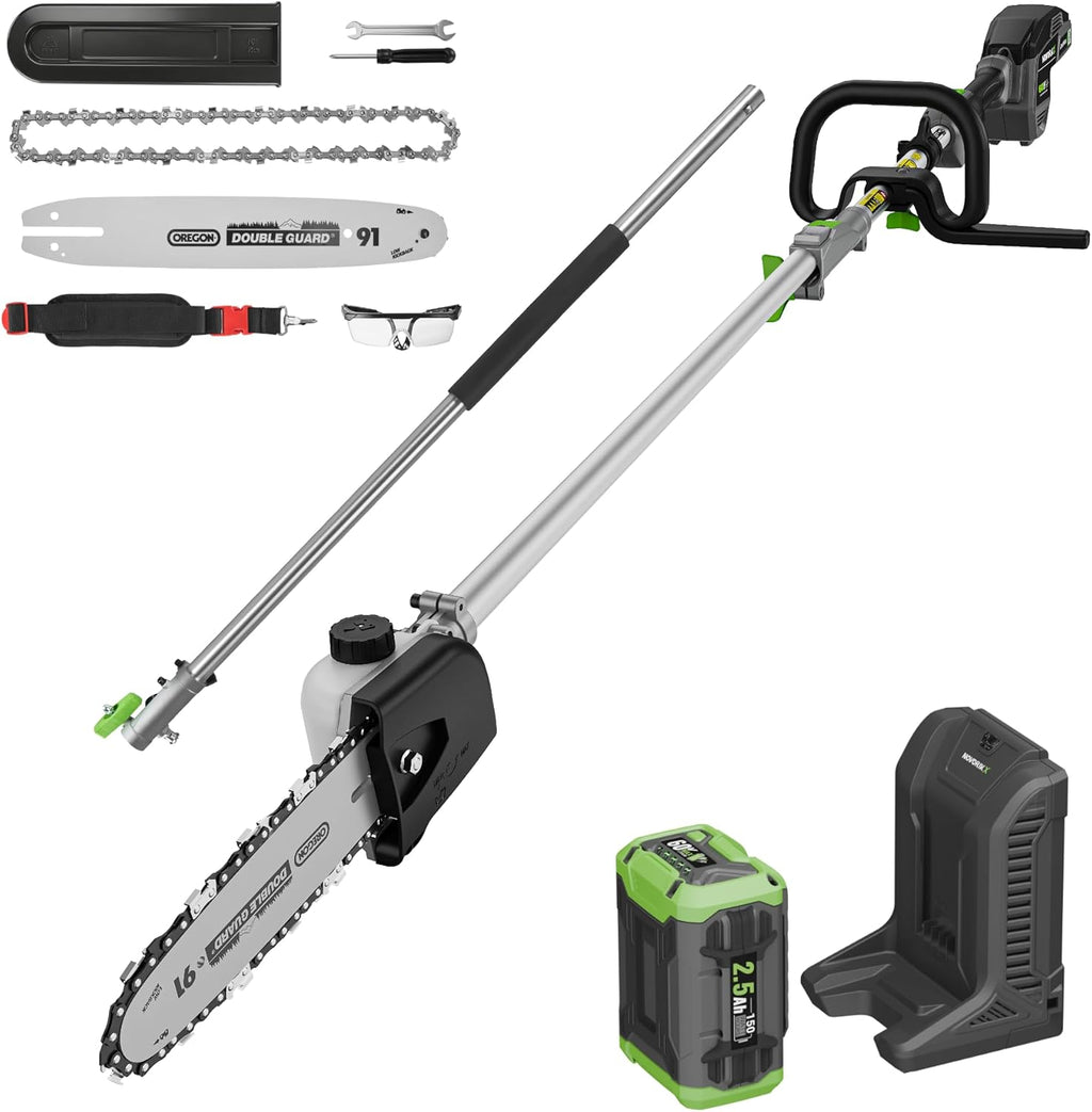 15-FT Cordless Pole Saw 60V Electric Power PoleSaw for Tree Trimming With Pole 10" Cutting Power Max Reach 2.5AH Battery