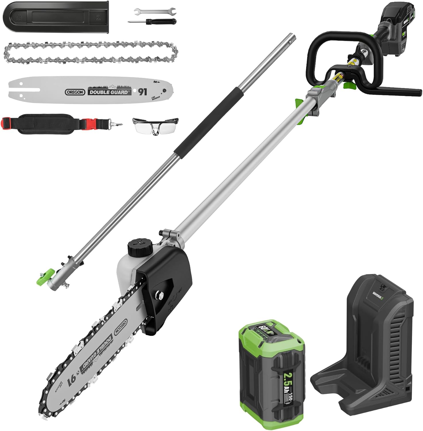 15-FT Cordless Pole Saw 60V Electric Power PoleSaw for Tree Trimming With Pole 10" Cutting Power Max Reach 2.5AH Battery