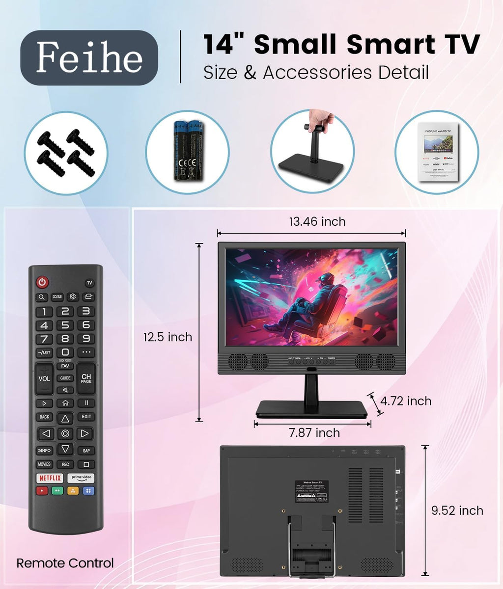 Feihe 14 Inch Small Smart TV  HD LED Flat Screen Smart TV with ATSC Tuner/HDMI/USB/AV for Kitchen  RV  Camper  Bedroom or Travel Use