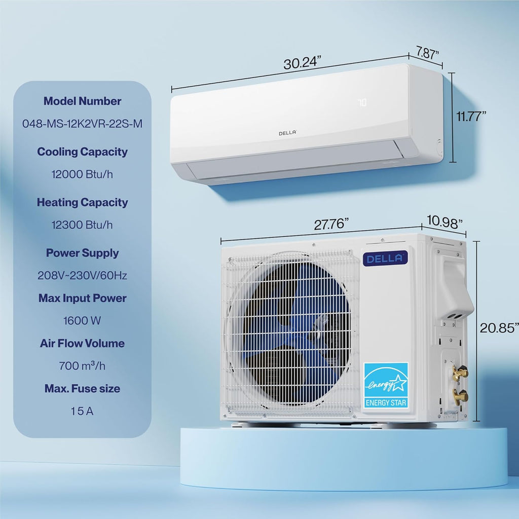 DELLA Serena 22 SEER2 12000 BTU Mini Split Heat Pump Works with Alexa, Energy Star 1 Ton Pre-Charged 230V Ductless AC Unit Inverter Air Conditioner System for Rooms up to 550Sq.Ft, 16.4ft Install Kit
