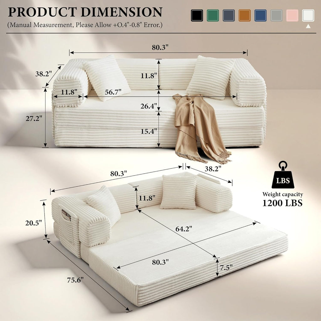 Boneless Couch Folding Couches for Living Room Sofa, Futon Sofa Bed with Sleeper Sofa, Futon Couch with Fixed-Shape Oversized Corduroy Upholstered (White, 81 Inches)