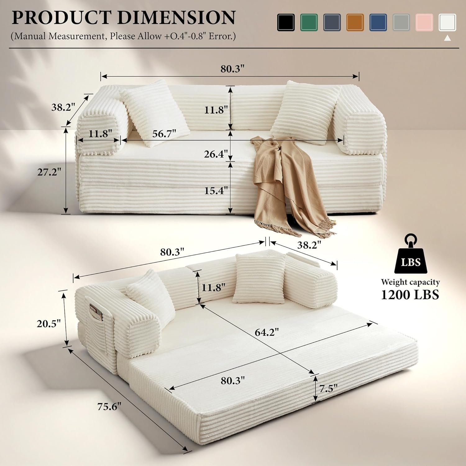 Boneless Couch Folding Couches for Living Room Sofa, Futon Sofa Bed with Sleeper Sofa, Futon Couch with Fixed-Shape Oversized Corduroy Upholstered (White, 81 Inches)