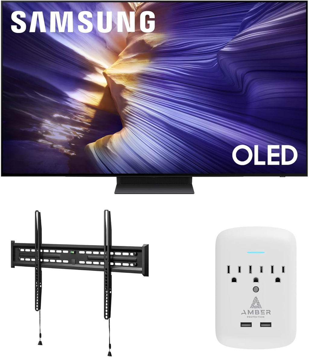 Samsung QN55S90FAFXZA 55 Inch 4K OLED Smart TV with a Walts FIXED-MOUNT-43-90 TV Mount for 43"-98" TVs and Amber Protection 3-Outlet-Surge Surge Protector (2025)