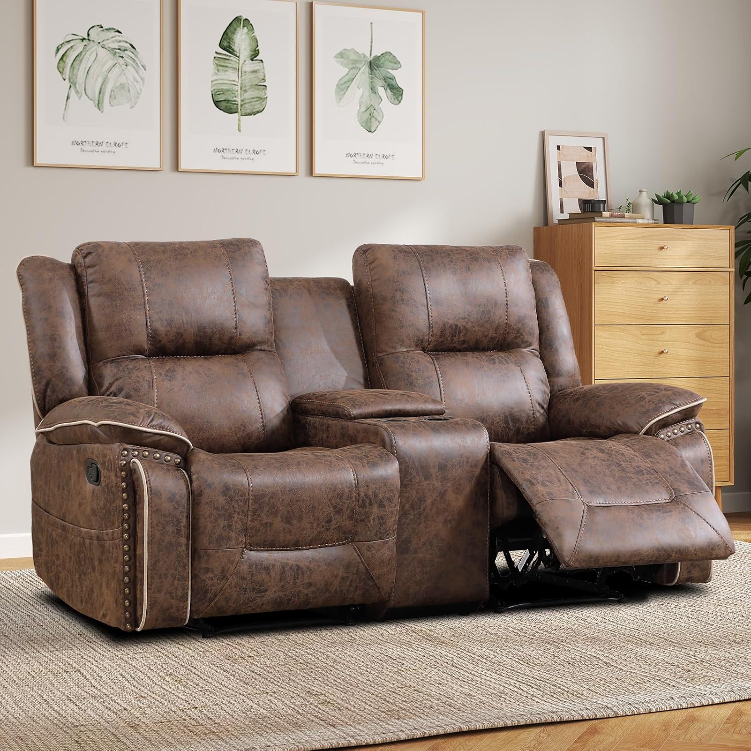 EBELLO Faux Leather Manual Recliner Loveseat, 2 Seater Reclining Sofa Chair with Center Console, Hidden Storage and Cup Holders, Vintage Rivet Mid-Century Design for Living Room, Meeting Room, Brown