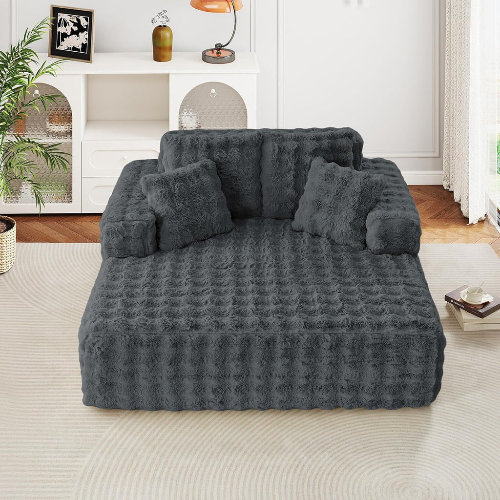 56" W Oversized Chaise Lounge Chair Indoor,Plush Faux Fur Sleeper Couch Sofa Bed with Pillows,Fluffy Comfy Cloud Sofa,Compression Foam Boneless Couch for Living Room,Bedroom(Bubble, Grey)