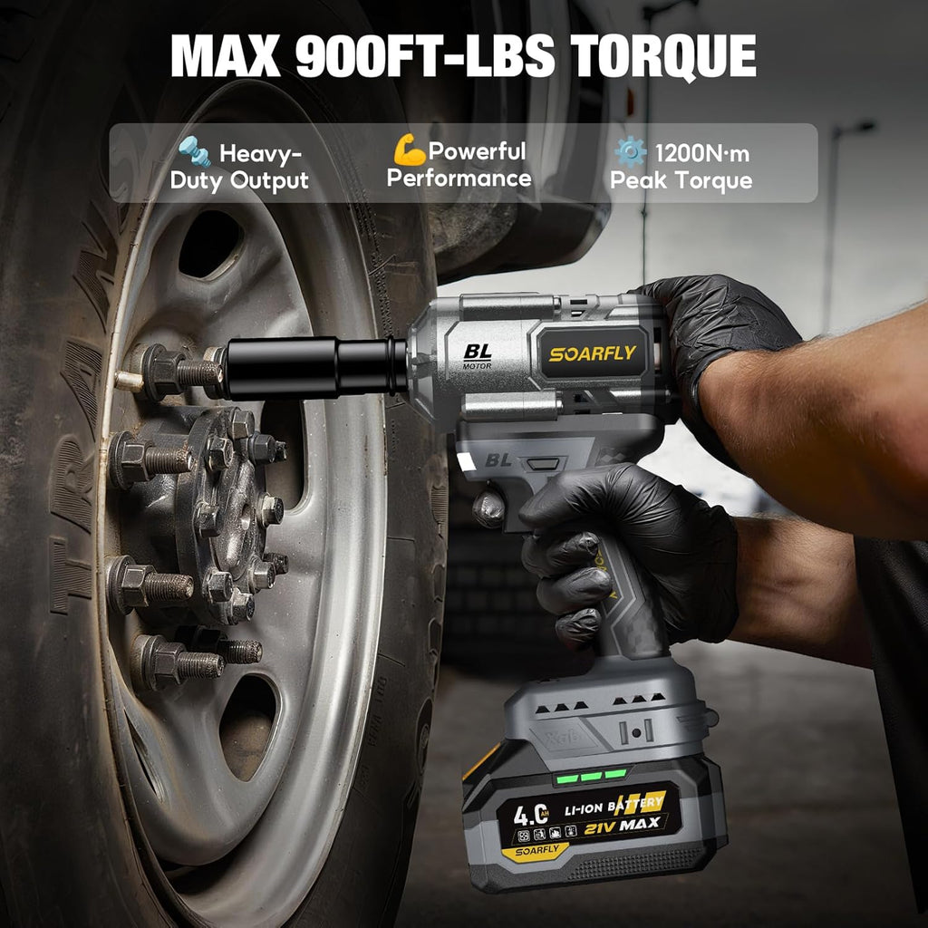 SOARFLY Upgraded Cordless Impact Wrench 1/2", 900 Ft-lbs (1200 Nm) Brushless Impact Gun, 21V High Torque Impact Driver with 2x 4.0Ah Batteries, Variable Speed for Car, Truck, Workshop, Heavy-Duty Jobs