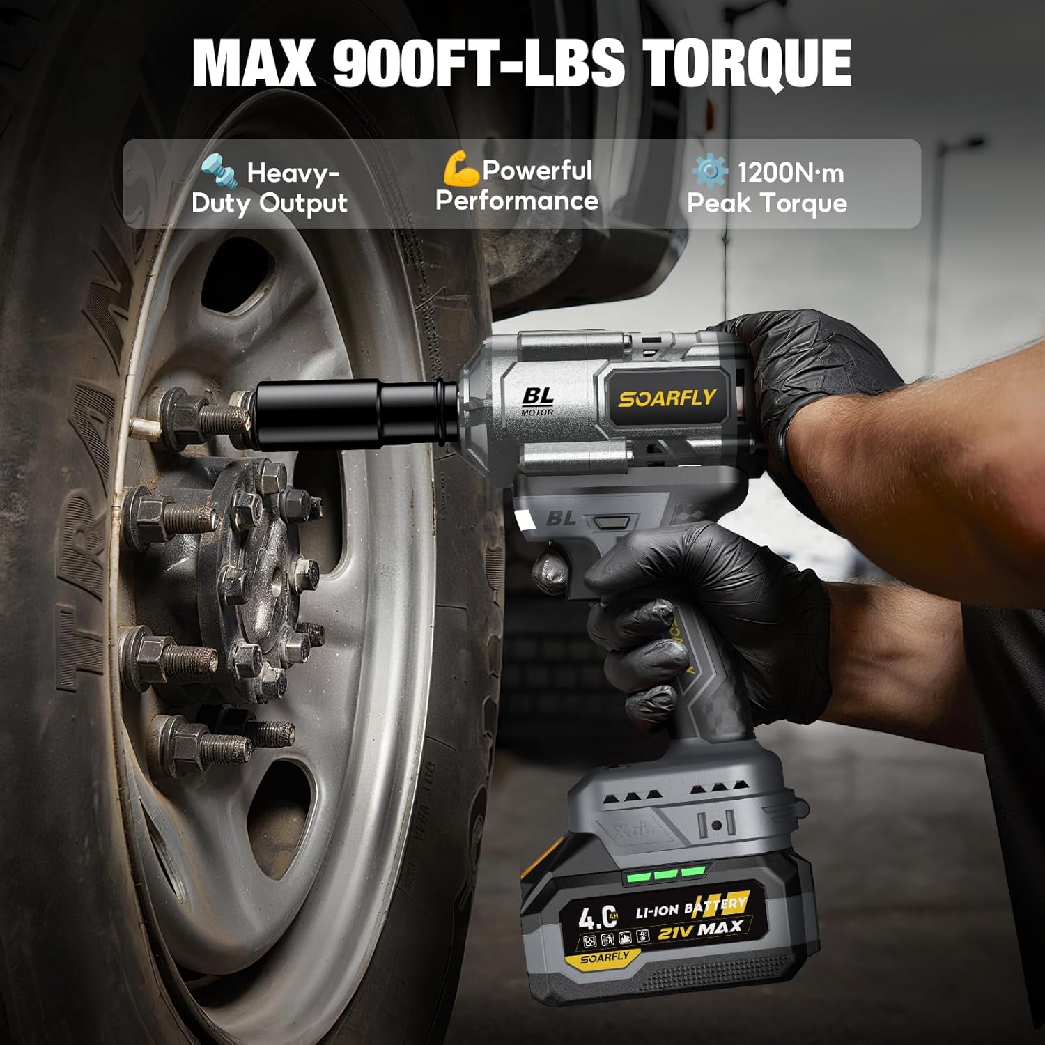 SOARFLY Upgraded Cordless Impact Wrench 1/2", 900 Ft-lbs (1200 Nm) Brushless Impact Gun, 21V High Torque Impact Driver with 2x 4.0Ah Batteries, Variable Speed for Car, Truck, Workshop, Heavy-Duty Jobs