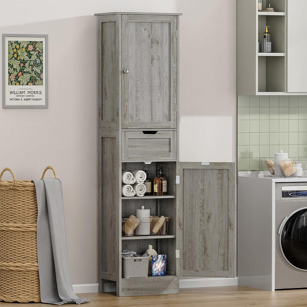 Iwell 67" Tall Bathroom Cabinet with Adjustable Shelves & 1 Drawer, Storage Cabinet with 2 Doors, Narrow Tall Cabinet, Floor Cabinet for Bathroom, Living Room, Home Office, Grey
