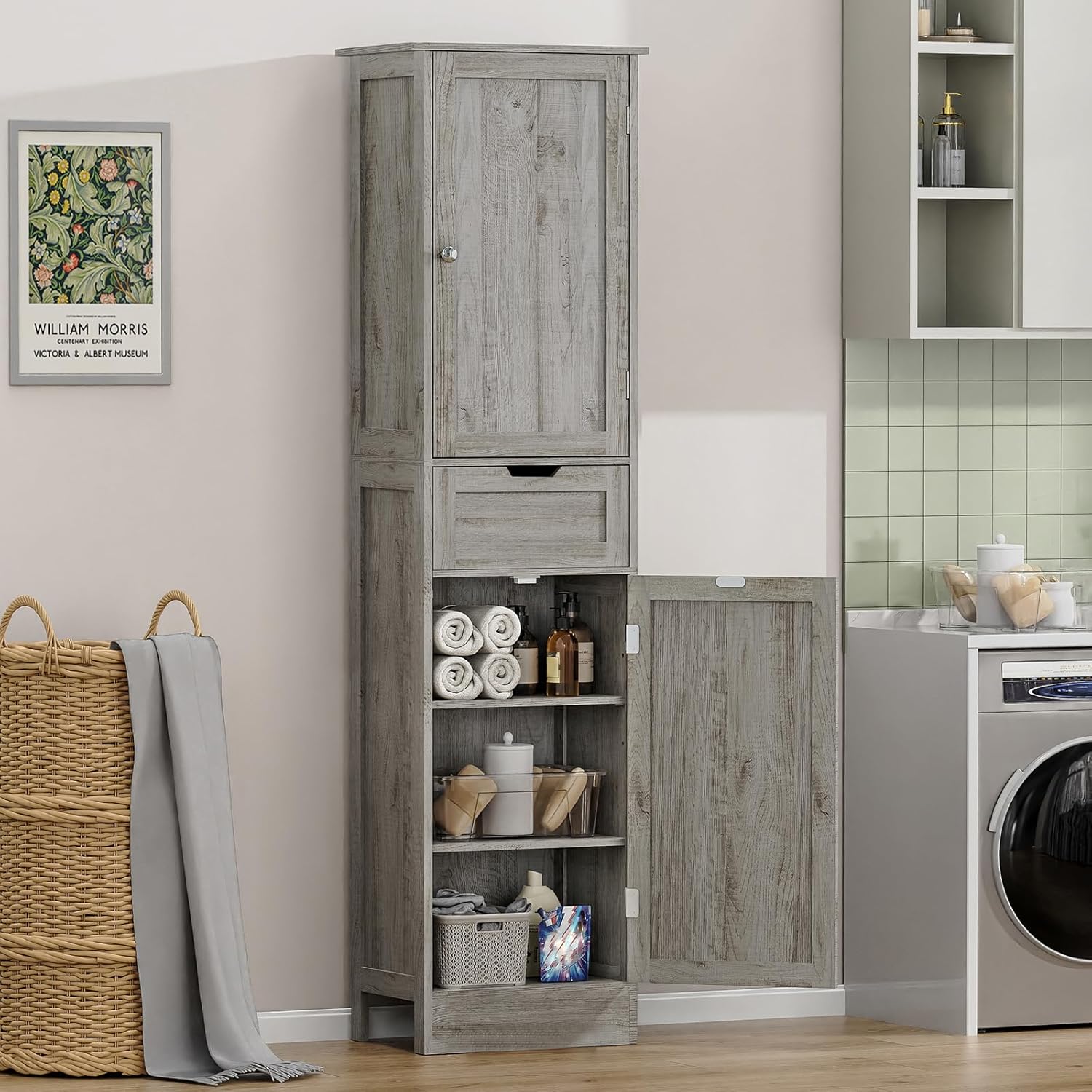 Iwell 67" Tall Bathroom Cabinet with Adjustable Shelves & 1 Drawer, Storage Cabinet with 2 Doors, Narrow Tall Cabinet, Floor Cabinet for Bathroom, Living Room, Home Office, Grey