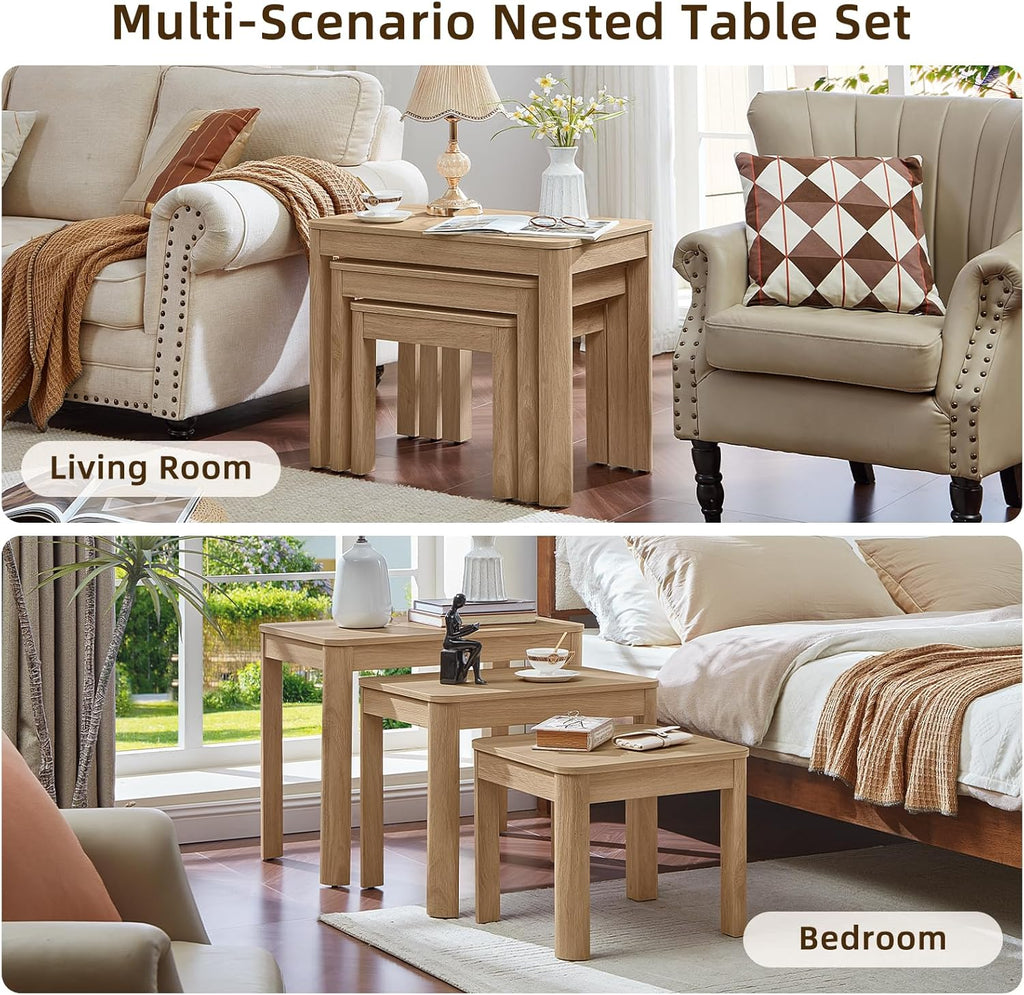 Joaxswe Farmhouse Nesting Tables Set of 3, Living Room Table Set with Rounded Corners & 4 Thickened Table Legs, Natural Wood