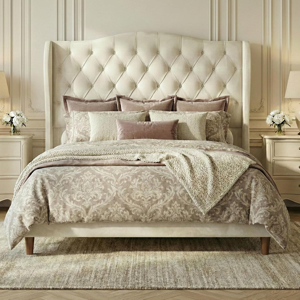 Queen Size Velvet Upholstered Platform Bed Frame, 56" Tall Wingback Headboard with Deep Diamond Tufting, Solid Metal Support (1000lbs), No Box Spring Needed, Cream