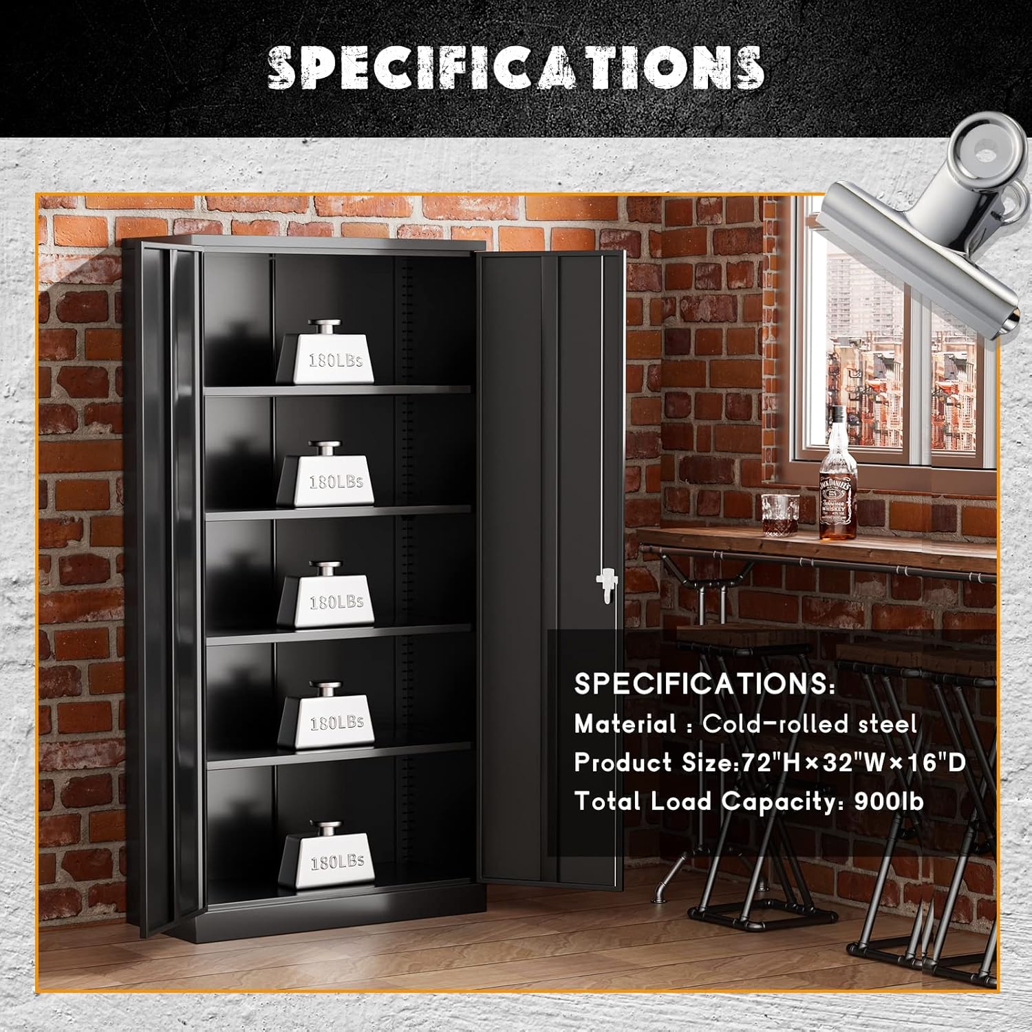 Greenvelly Storage Cabinet, 72” Black Garage Steel Locking Cabinet with Doors and 4 Adjustable Shelves, Tall Lockable File &Tool Cabinet for Home Office, Metal Classroom Cabinet Basement