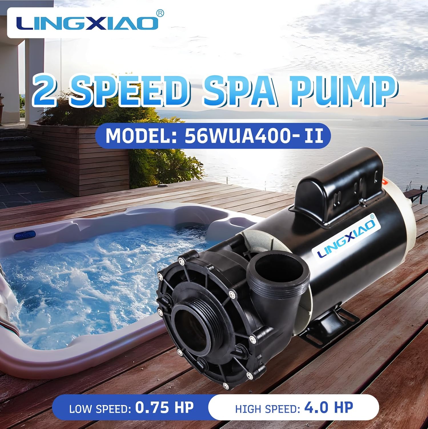 SPA Pump  4HP Hot Tub Pump - 2 Speed LX SPA Pumps Motor 220-240V  2" Port  56 Frame (Model: 56WUA400-II)