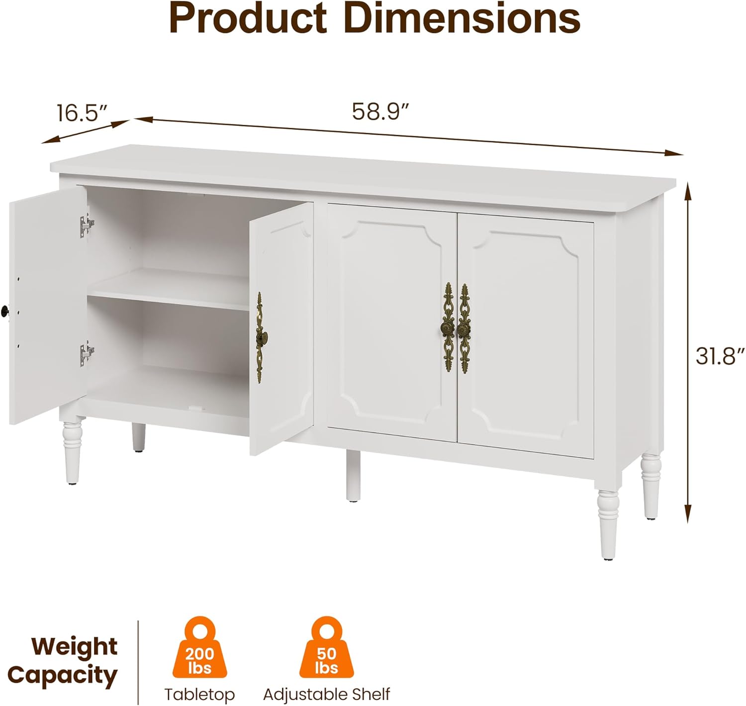 RoyalCraft 59" Buffet Cabinet with Storage, Vintage Sideboard with Adjustable Shelves & Carved Handle, Mid Century Modern Painted Credenza Coffee Bar for Kitchen, Dining Room, Satin White