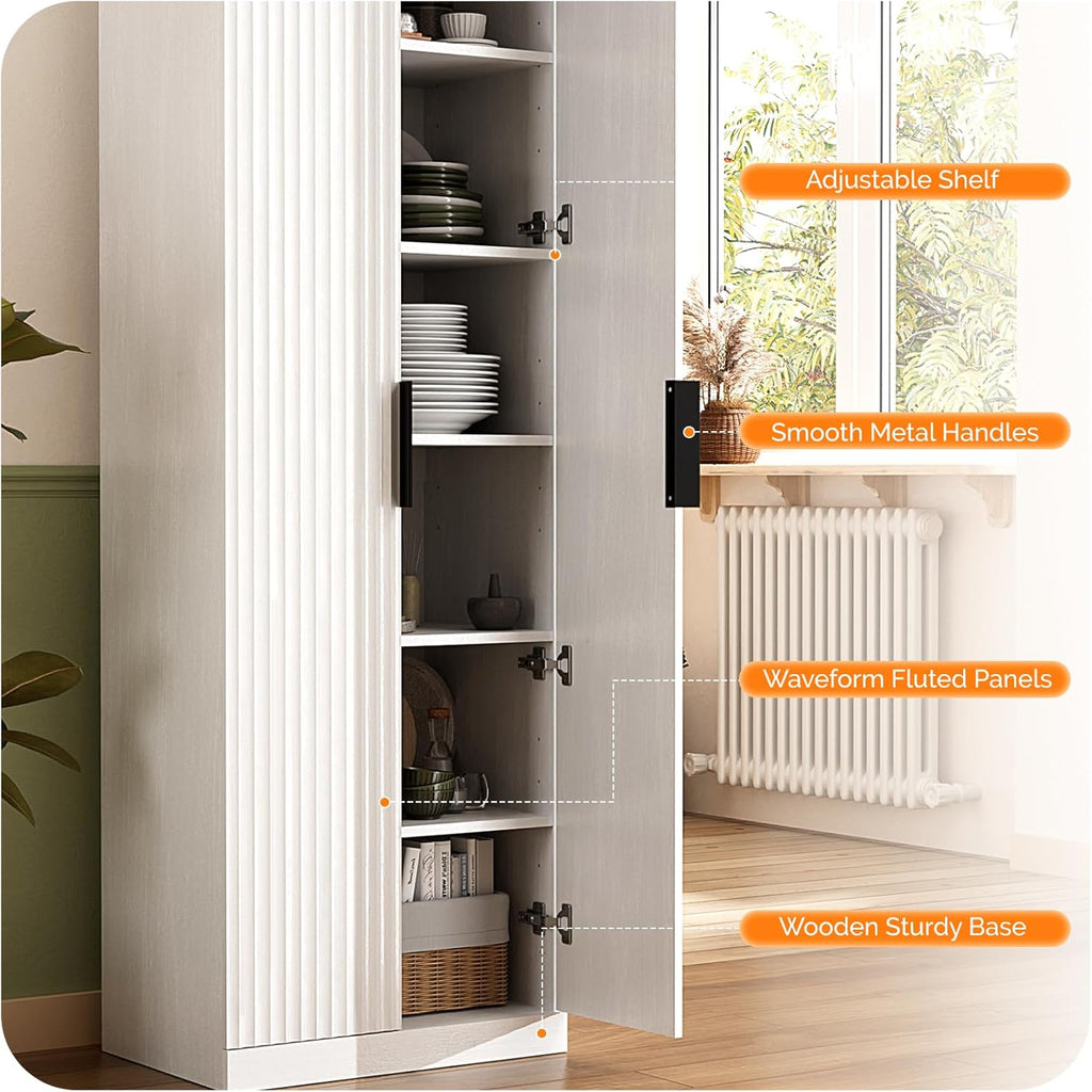 VINGLI 70" Modern Pantry Cabinet,Tall Storage Cabinet with Fluted Doors and Adjustable Shelves for Dining Room, Kitchen, Office, and More in White