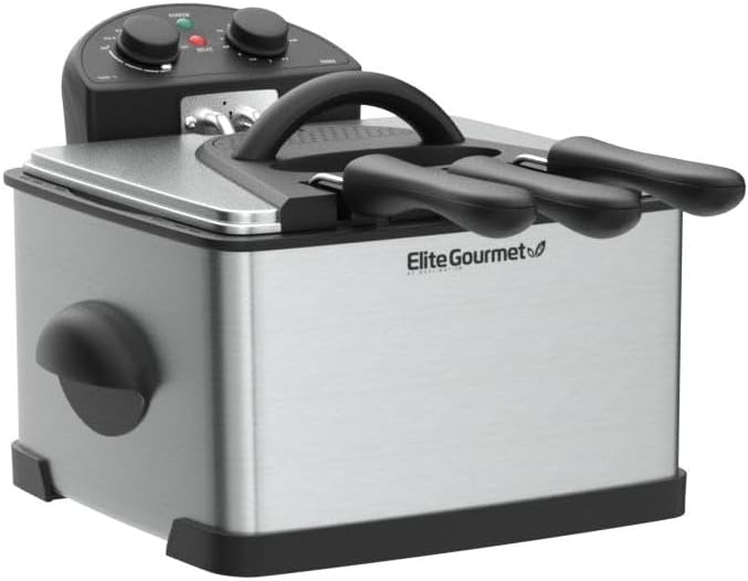 Elite Gourmet EDF-401T Electric 4.5 Qt. / 17 Cup Immersion Deep Fryer 3-Baskets, 1700-Watt, Timer Control Adjustable Temperature, Lid with Viewing Window and Odor Free Filter