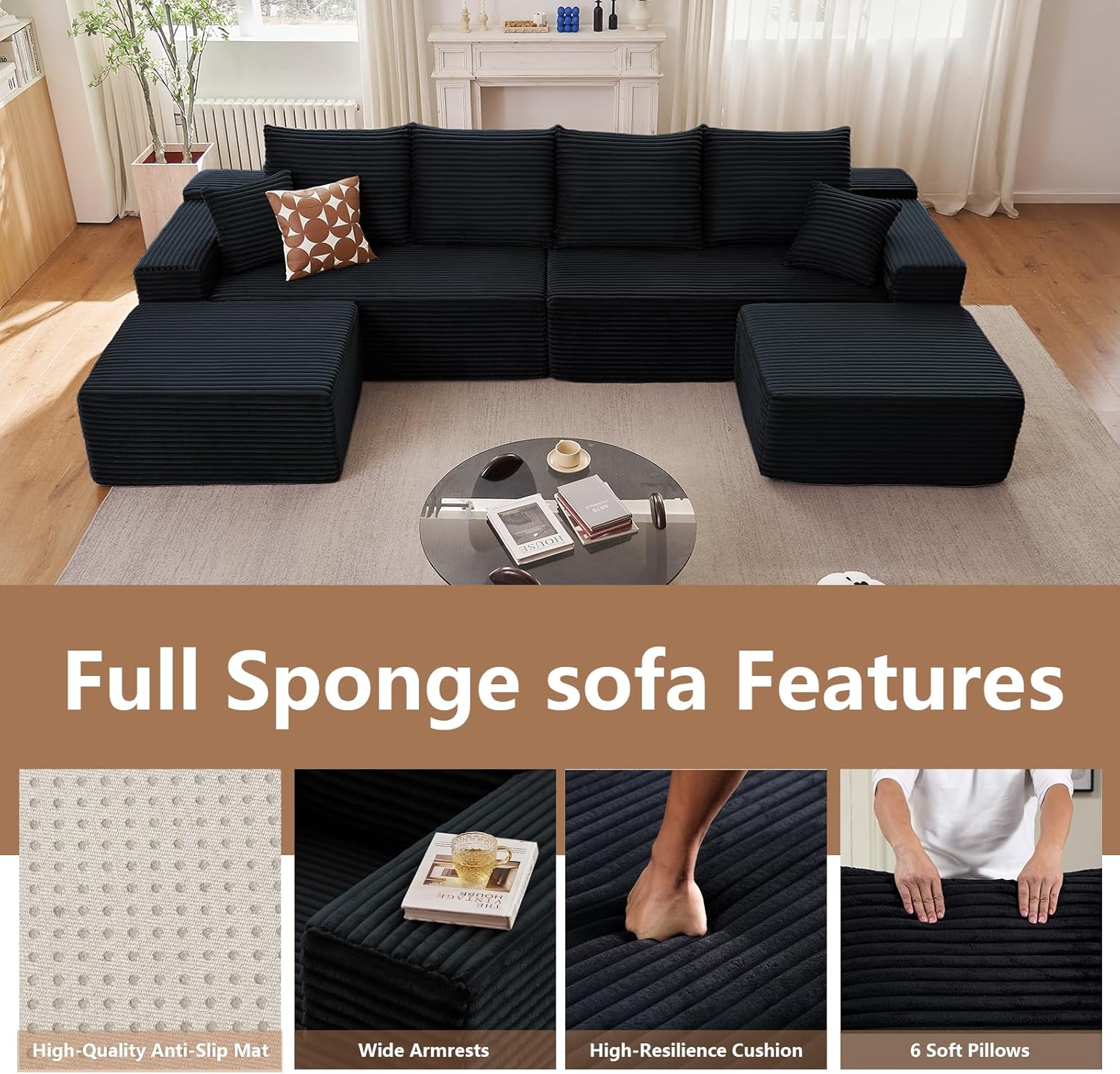 140" Modular Sectional Sofa with 2 Ottomans, Modern Corduroy Cloud Couch with Deep Seat, Boneless Couch Upholstered 4-Seater U-Shaped Sofa for Living Room, No Assembly Required (Black,2 Ottomans)