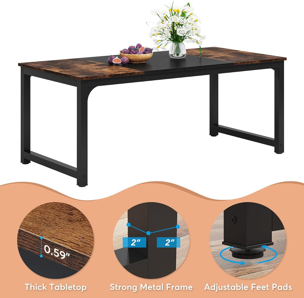 LITTLE TREE 70.9 Inch Large Dining Table Rectangular Kitchen Furniture for 6 to 8 People, Brown+Black