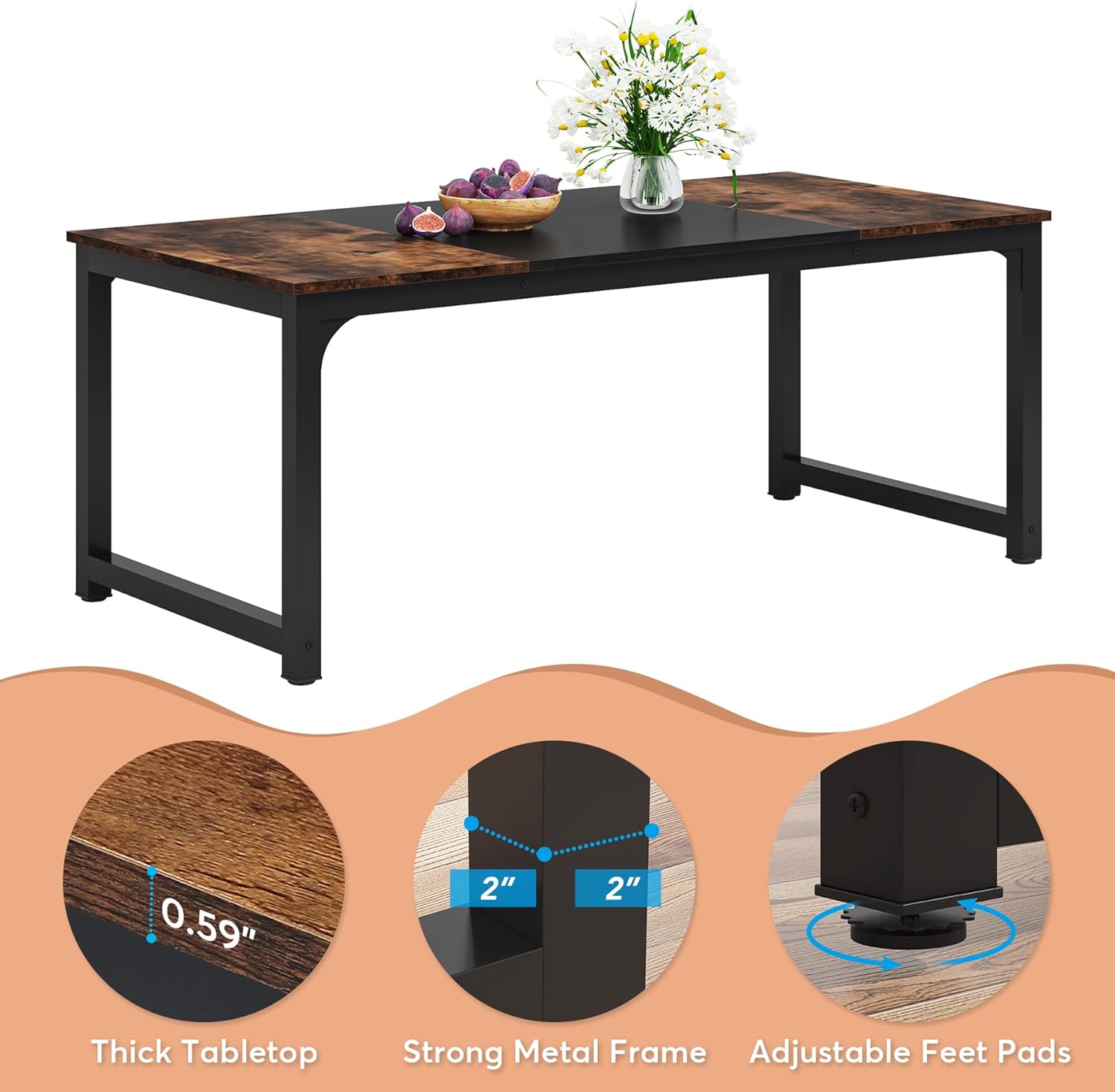 LITTLE TREE 70.9 Inch Large Dining Table Rectangular Kitchen Furniture for 6 to 8 People, Brown+Black