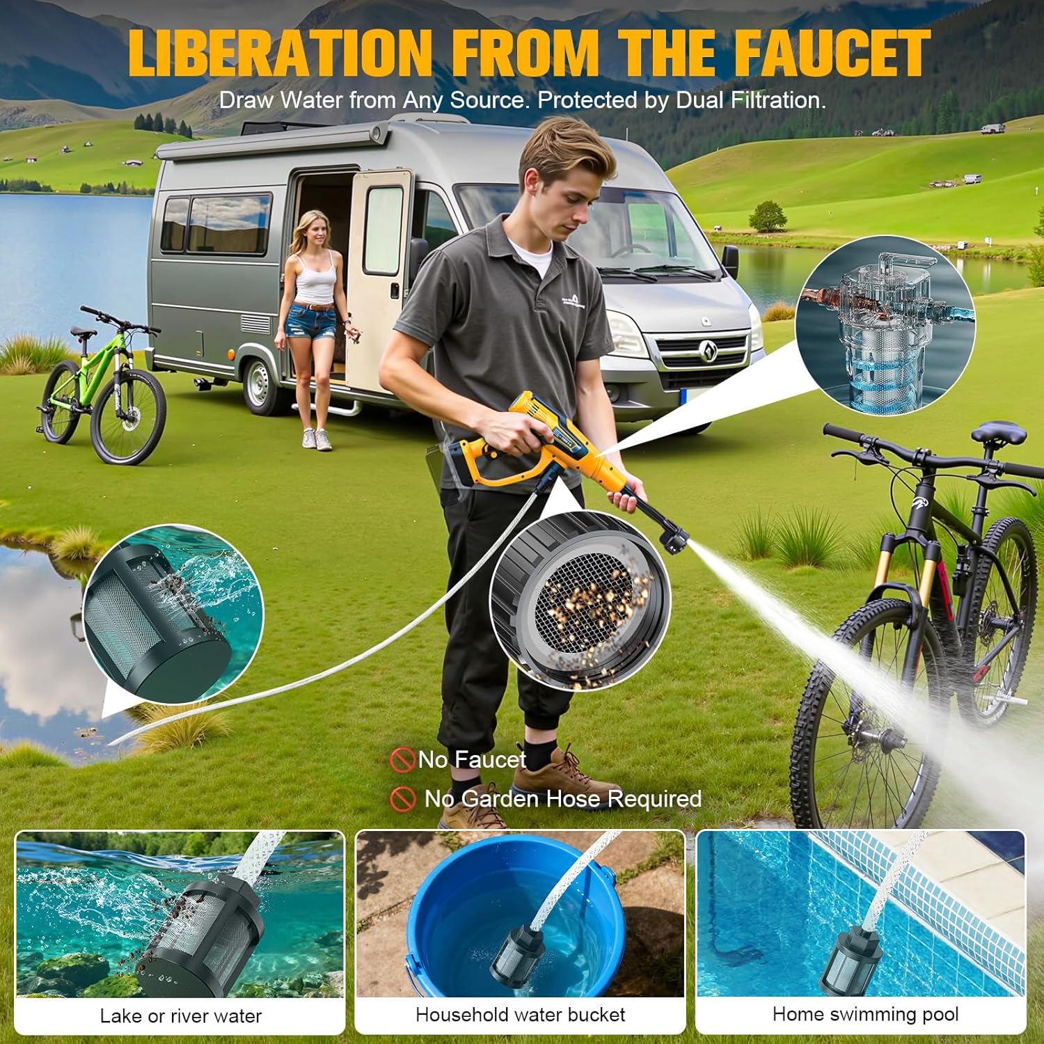 Car Cleaning Tools, 600W, Brushless Motor, 6-in-1 Nozzle & Foam Cannon for Car, Patio, Fence (Yellow)