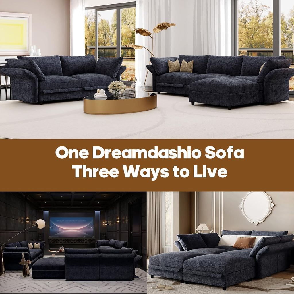 159" Oversized Cloud Couch Sectional with Storage, Extra Wide Deep Modular Sectional Sofa for Living Room with Adjustable Arms, High Back, U Shaped, 6 Seater, Dark Grey Chenille | Extra Large Seat, Thick Plush Cushion, FSC Certified Fabric