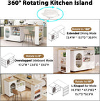 HSH 72.4” Rolling Kitchen Island with Swivel Table, Storage Cabinet, Drawers & Shelves, White Modern Mobile Island Cart on Wheels, Farmhouse Wood Island Table for Kitchen, Dining Room, Home Bar