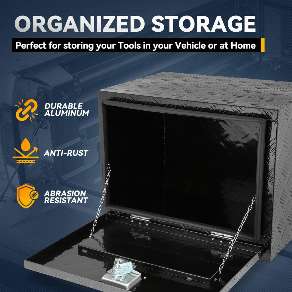 Underbody Truck Box, 24'' D x 17.7"W x 18.1"H Pickup Storage Box, Heavy Duty Aluminum Diamond Plate Tool Box with Lock and Keys, Waterproof Trailer Storage Box with T-Handle Latch - Black